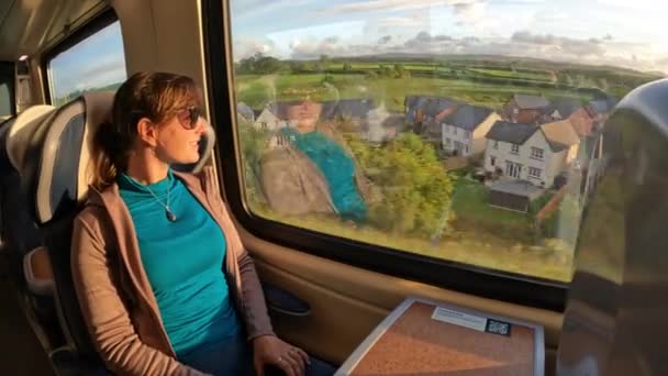 Alegre Dama Admira Hermoso Campo Día Soleado Mientras Viaja Tren — Vídeos de Stock