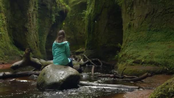 Mujer Joven Sentada Una Gran Piedra Fondo Garganta Musgosa Verde — Vídeos de Stock