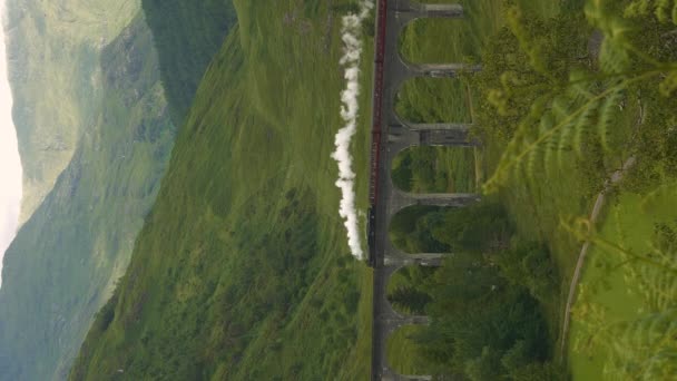 立交桥 苏格兰风景秀丽 蒸汽火车穿过格伦芬南高架桥 太阳黑子在绿色的山坡上移动 而雅各派的蒸汽火车穿过风景如画的山谷 — 图库视频影像