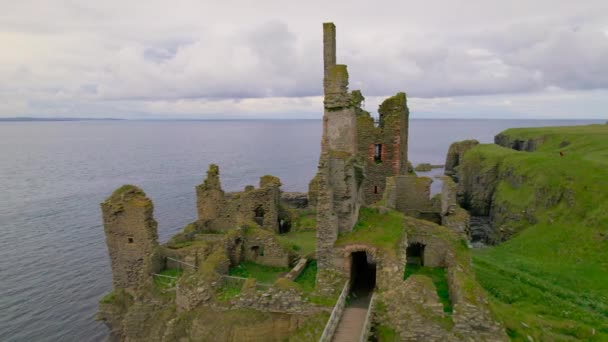 海鸥在壮观的辛克莱城堡遗迹上方飞翔 在多云的一天 苏格兰风景如画的海岸上 青草丛生的悬崖顶上 保存着一座宏伟城堡的废墟 — 图库视频影像