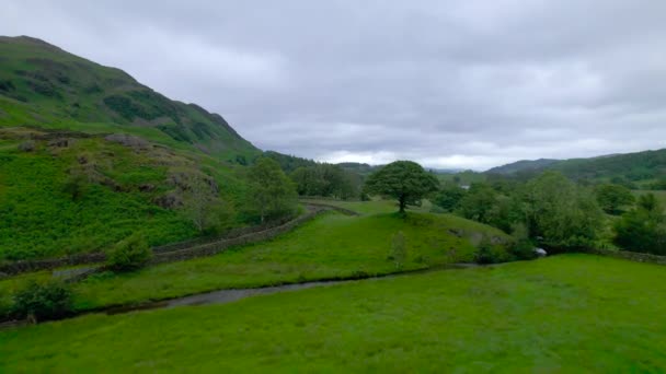 Aerial Stærk Vind Blæser Gennem Maleriske Grønne Dal Lake District – Stock-video