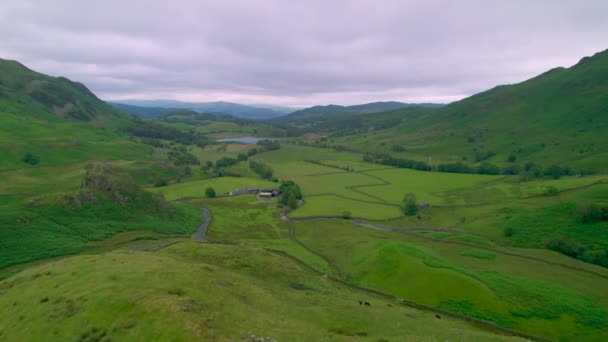 イギリス イギリスの絵のような湖水地方のイディエリック山岳地帯 曇りの日の緑の丘と牧草地で素晴らしい自然の景色を取り入れた伝統的な農家を魅了する — ストック動画