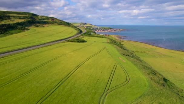 北海沿岸的大麦田和可爱的村庄的景致 沿着风景如画的苏格兰海岸线蜿蜒蜿蜒曲折的道路 绿蓝相间 农田美观大方 — 图库视频影像