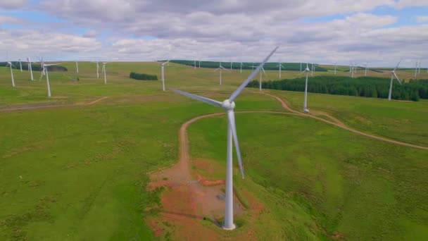 Aerial Sustainable Energy Production Wind Turbines Scottish Lowlands Large Wind — Stock Video