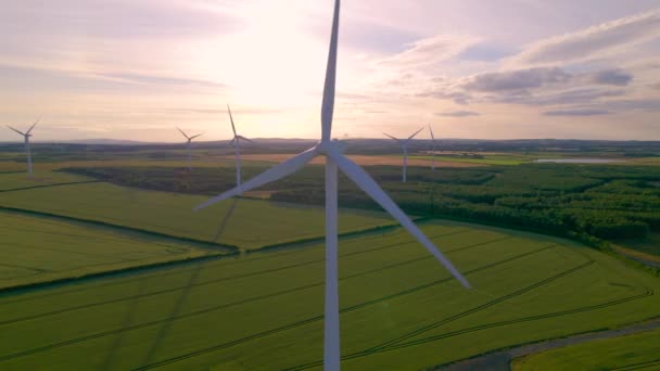 Aerial Lens Flare Turbinas Eólicas Operativas Ubicadas Hermoso Campo Molino — Vídeos de Stock