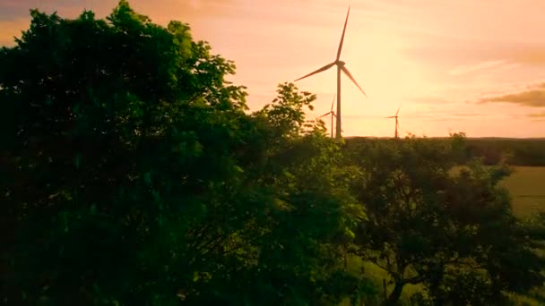 Aerial Silhouette Arany Izzó Reggeli Égbolt Felett Szélerőmű Vidéken Gyönyörűen — Stock videók