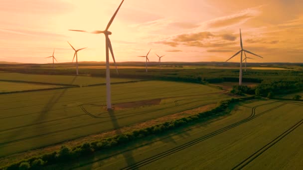 Aerial Silhouette Draaiende Windturbines Prachtig Gouden Avondlicht Schilderachtig Landschap Northumberland — Stockvideo