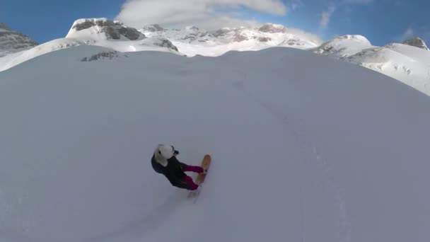 Selfie 雪だるまアルバニアアルプスの女性スノーボーダーは手つかずの山の斜面に乗っています 彼女は晴れた日に美しい白い山頂の間の喜びの降下中に新鮮な粉雪の雲を噴霧しています — ストック動画