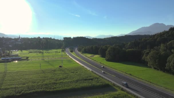 Aerial Scenic Sunny Drone Shot Lush Green Fields Gorenjska Motorway — 图库视频影像