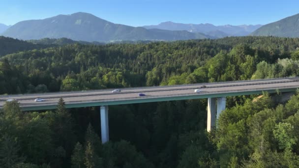 Aerial Flygande Drönarvideo Bilar Som Kör Över Motorvägsbro Skogslandskapet Majestätisk — Stockvideo