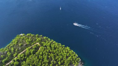 Yelkenli ve yat, Adriyatik 'in yemyeşil bir kıyı şeridi yakınlarındaki derin mavi denizleri keşfederken buluşuyor. Hvar 'ın yemyeşil çam ağacı boyunca seyreden iki teknenin manzaralı görüntüsü..