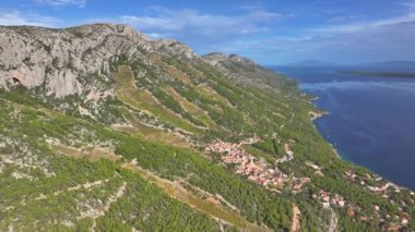 Hvar adasındaki manzaralı bir sahil kasabasının yakınındaki teraslı üzüm bağlarının üzerinden uçuyorum. Dalmaçya 'daki ünlü bir adanın bereketli Akdeniz kıyılarının insansız hava aracı görüntüleri. Yaz hedefi