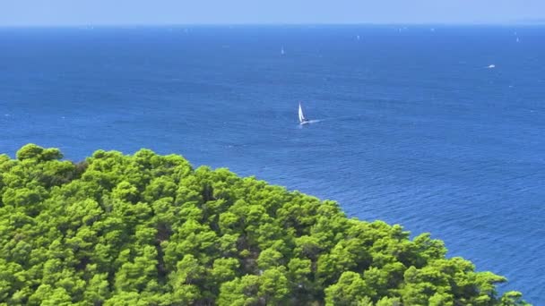 Aerial Lone Sailboat Makes Its Way Deep Blue Sea Next — Stock Video
