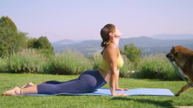 Kadın bahçede yoga yaparken oyuncu köpeği ona oyuncakla yaklaşır. Genç bayan vücudunu egzersizle gevşetmeye, germeye ve güçlendirmeye çalışır. Bu arada yaramaz köpeği de oynamak ister.