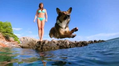 Köpeği suya atladığında bikinili kadın deniz taşının üzerinde dikiliyor. Kristal mavi denize indiğinde, sevimli kahverengi köpek büyük bir sıçrama yapar ve neşeli bir sahibini güldürür..