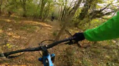 Güneşli bir sonbahar gününde dolambaçlı bir orman patikasında dağ bisikleti sürmek. Sen ve bir arkadaşının güneşli bir sonbahar öğleden sonra ağaçlıklarda bisiklet sürerken çekilmiş güzel bir görüntüsü..