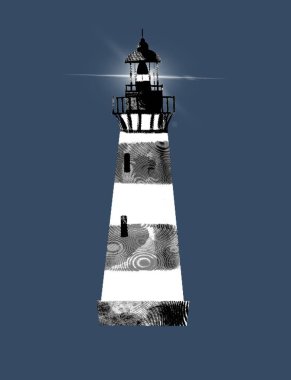 Deniz feneri gravürü. Deniz fenerinin gerçekçi bir çizimi. Siyah beyaz çizim. Yüksek kaliteli illüstrasyon
