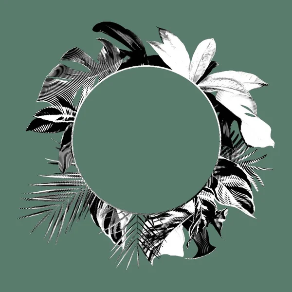Graphic realistic frame. Tropical frame with monstera leaves and palm leaves. High quality illustration