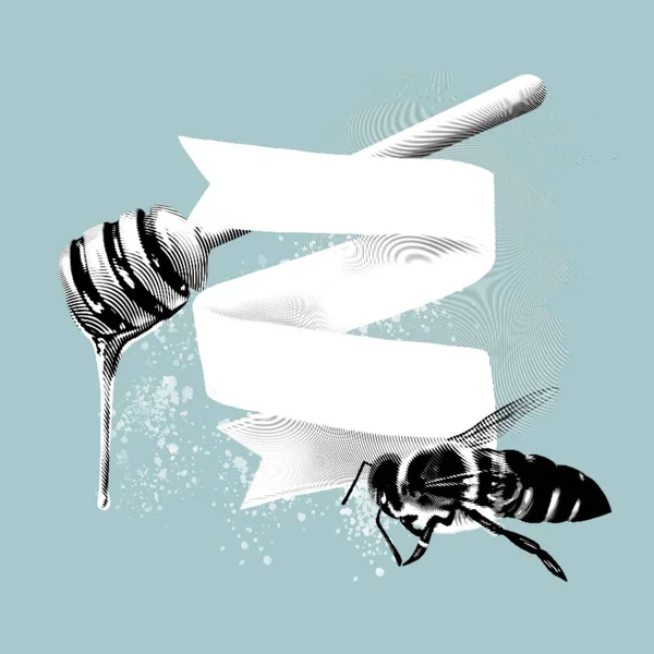 Bal Kompozisyonu Grafik Oymacılığı Bal Çiçek Bal Peteği Arıların Gerçekçi — Stok fotoğraf