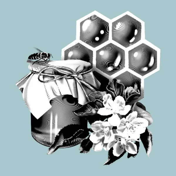Honey Composition Graphic Engraving Realistic Illustration Honey Flowers Honeycombs Bees — Stock Photo, Image