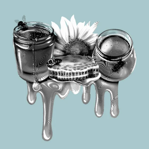 Honing Samenstelling Grafische Gravure Realistische Illustratie Van Honing Bloemen Honingraten — Stockfoto