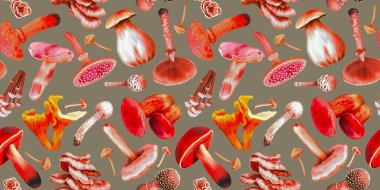 Watercolor seamless mushroom pattern. Realistic mushrooms. autumn pattern. High quality illustration