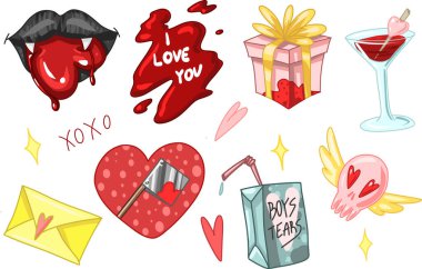 Creepy Valentine clipart, Spooky Valentine, Pastel Goth digital stickers, Alternative Valentine day vector EPS10. Vector illustration