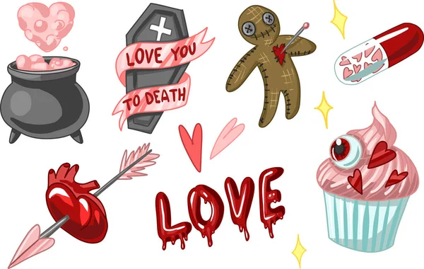 Creepy Valentine clipart, Spooky Valentine, Pastel Goth digital stickers, Alternative Valentine day vector EPS10. Vector illustration