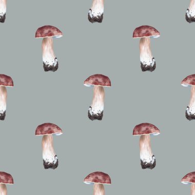 seamless pattern. Watercolor realistic white mushroom. High quality illustration Boletus edulis. cep, penny bun, porcino or porcini. digital paper