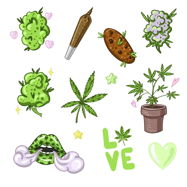 Conjunto Marihuana Legalizar Cannabis Fumar Hierba Ilustración Vectorial Malezas Ilustración — Vector de stock