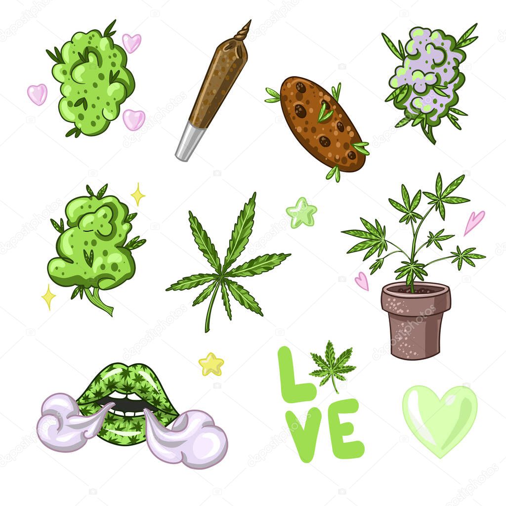 Set of Marijuana. Legalize cannabis. smoking weed. Vector illustration of weed. Vector illustration