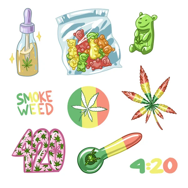 Conjunto Marihuana Legalizar Cannabis Fumar Hierba Ilustración Vectorial Malezas Ilustración — Vector de stock