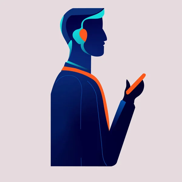 Osoba Mluví Telefonu Pomocí Bezdrátového Sluchátka Silueta Mužské Vektorové Ilustrace — Stockový vektor