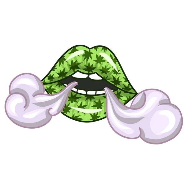 Lábios Com Imagem Marijnauna Lábios Soltam Vetor Fumo Erva Cannabis — Vetor de Stock