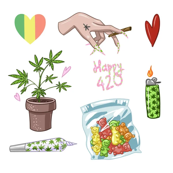 マリファナのセット 大麻の合法化 雑草を吸って 雑草のベクトル図 ベクターイラスト — ストックベクタ