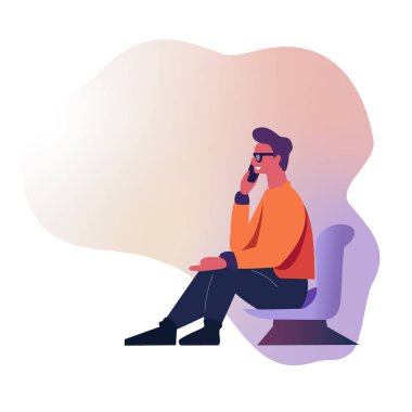 Bir adamın vektör çizimi. Bir insan oturur ve telefonda konuşur. Vektör illüstrasyonu