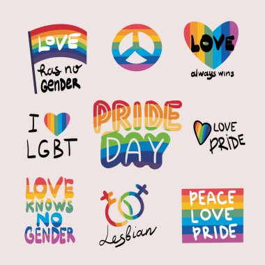 LGBTQ Onur Yürüyüşü Seti. Eşcinsel gururu geçit töreninin temsilcisi. Onur Yürüyüşü 'ne katılan bir grup insan. LGBT topluluğu. Vektör illüstrasyonu