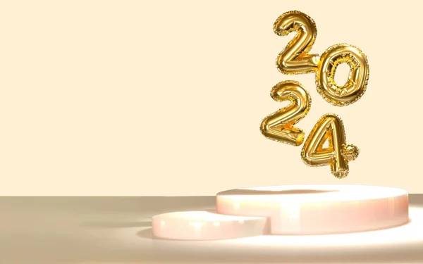 2024新年 舞台上2024号的3D插图 米色背景 黄金数字 高质量的例证 — 图库照片