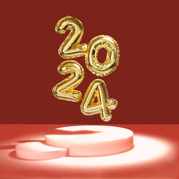 2024新年 舞台上2024号的3D插图 红色背景 金色数字 高质量3D插图 — 图库照片