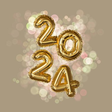 2024 Yeni Yıl. 3D çizim 2024 bej arka plan, altın rakamlar. Yüksek kalite 3d illüstrasyon
