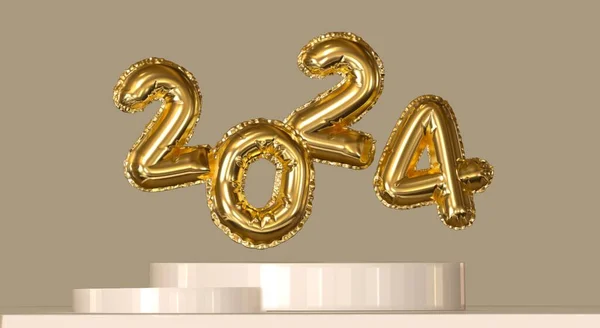2024年新年 散歩中の2024番の3Dイラスト ベージュの背景とゴールドの数字 高品質のイラスト — ストック写真