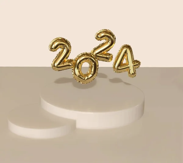 2024 Новый Год Иллюстрация Цифр 2024 Подиуме Бежевый Фон Золотые — стоковое фото
