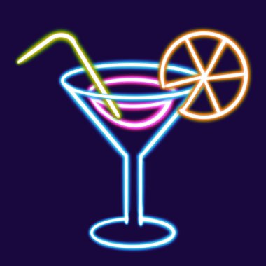Kokteyl parlayan masaüstü ikonu, meyve suyu neon etiketi, neon figür, parıldayan figür, neon geometrik şekiller. Yüksek kaliteli illüstrasyon