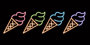 Neon dondurma parlayan masaüstü ikonu, dondurma neon etiketi, neon figür, parıldayan figür, neon geometrik şekiller. Yüksek kaliteli illüstrasyon