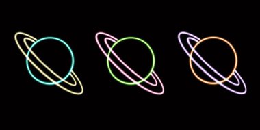 Masaüstü simgesi parlayan neon gezegenler, uzay neon etiketi, neon figür, parıldayan figür, neon geometrik şekiller. Yüksek kaliteli illüstrasyon