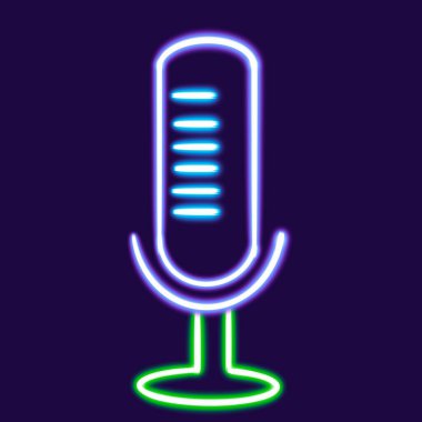 mikrofon parlayan masaüstü simgesi, podcast neon etiketi, neon figür, parıldayan figür, neon geometrik şekiller. Yüksek kaliteli illüstrasyon