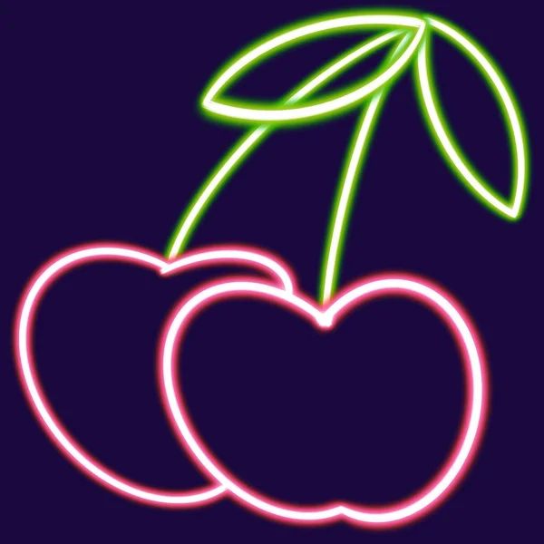 Cherry Glowing Desktop Icon Two Cherries Stem Neon Sticker Neon — Stock Photo, Image