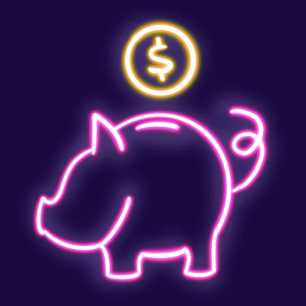 Neon Sparschwein Mit Einer Münze Leuchtende Desktop Symbol Neon Aufkleber — Stockfoto