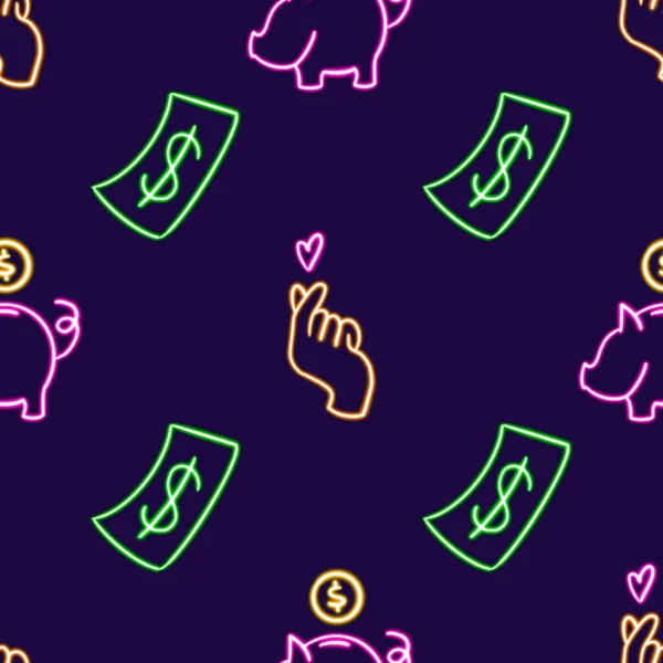 Neon Finance Seamless Pattern Λαμπερό Δολάριο Λογαριασμοί Και Pink Piggy — Φωτογραφία Αρχείου