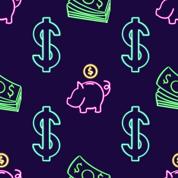 Neon Finance Seamless Pattern Λαμπερό Δολάριο Νομοσχέδια Και Piggy Bank — Φωτογραφία Αρχείου